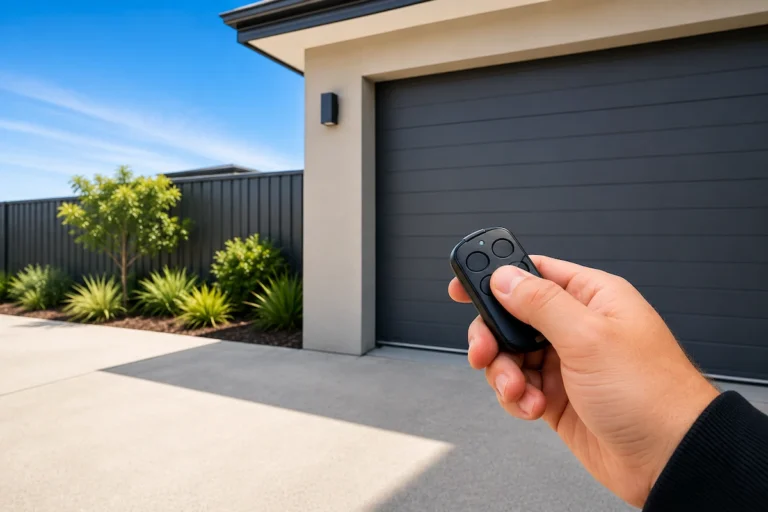 Garage door remote held in front of a modern garage door while troubleshooting common remote connection and operation issues.