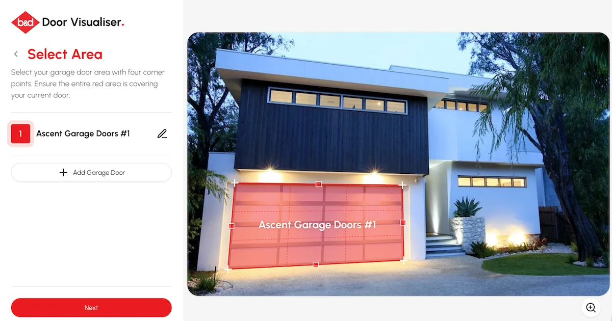 A screenshot of the interactive B&D Door Visualiser software being used to select and design a custom garage door on a modern home facade, offered to Geelong clients by Ascent Garage Doors.