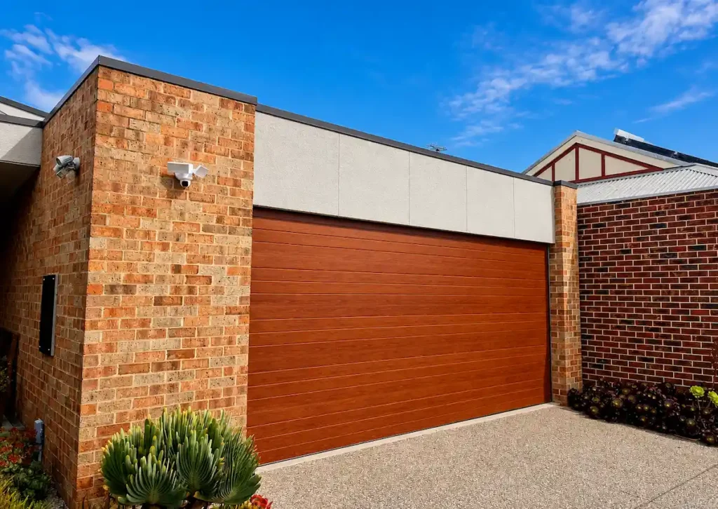 A B&D Panelift Icon sectional garage door in a Seville profile and Red Gum timber-look finish, professionally installed with a B&D Smart Pro motor and Auto-Lock security in Torquay by Ascent Garage Doors.