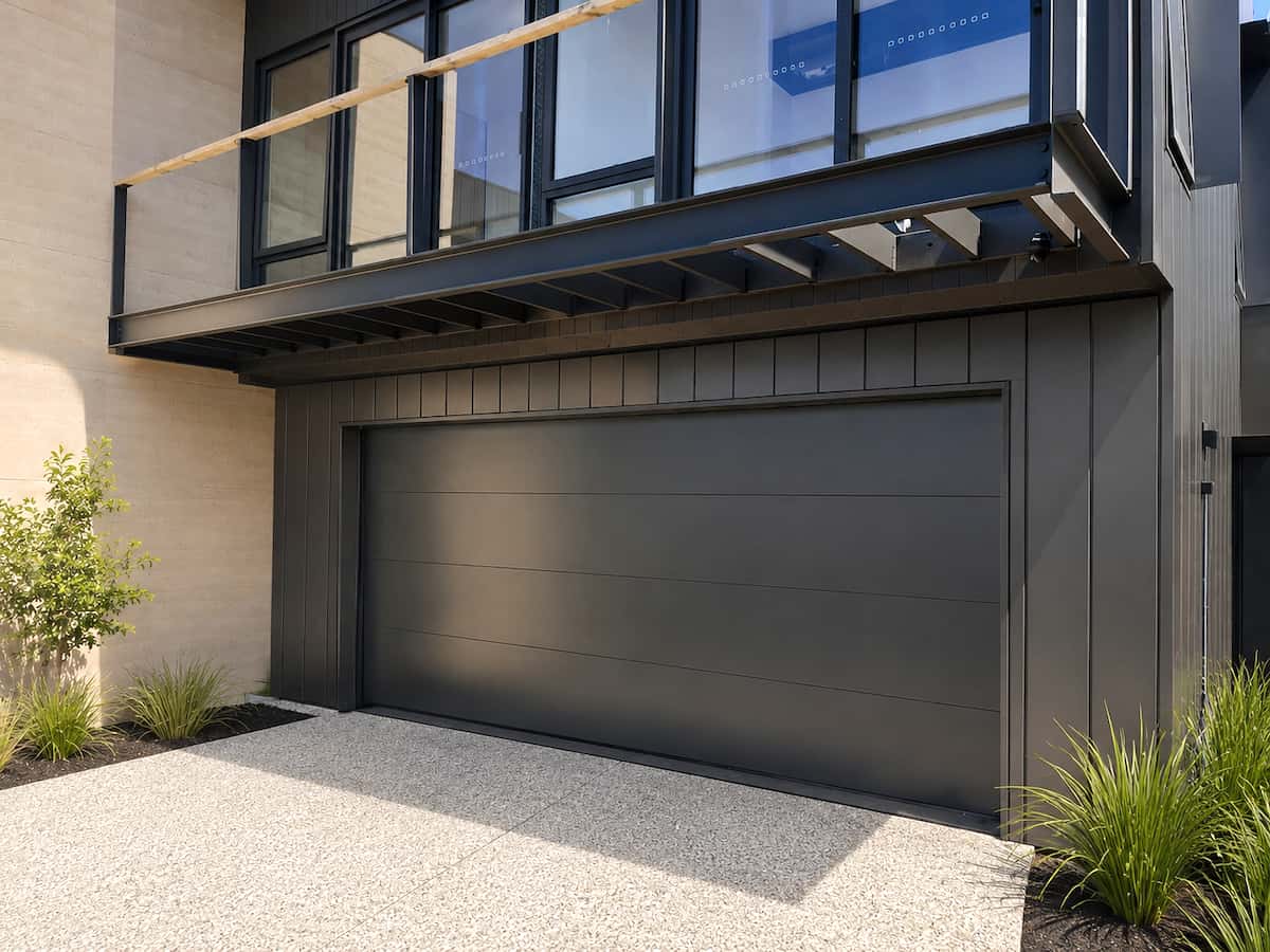 Danmar Thermopanel custom sectional garage door in a Matte Monument finish, showcasing how a premium door elevates a modern home facade in Geelong, professionally installed by Ascent Garage Doors.