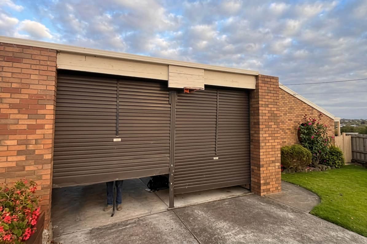 Roller garage door partially open after sustaining damage, requiring inspection to determine whether repair or replacement is appropriate.