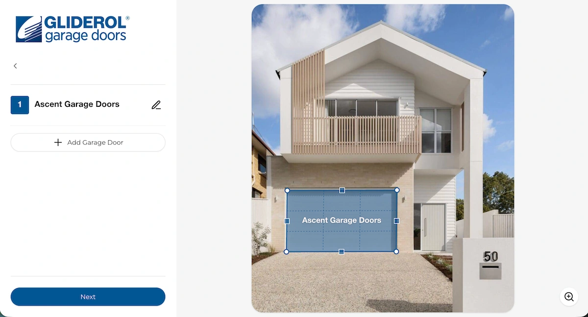 A screenshot of the interactive Gliderol Door Visualiser tool being used to plan and customise a garage door design on a modern home exterior, provided for Geelong clients by Ascent Garage Doors.