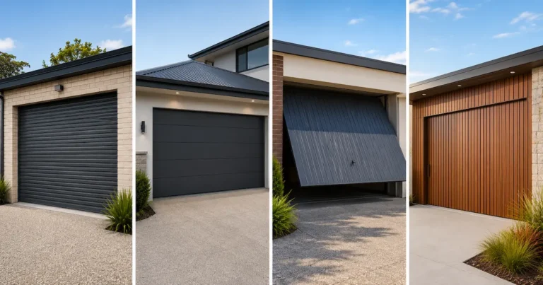 A collage displaying four common residential garage door types - roller, sectional, tilt, and architectural timber-claddings - helping Geelong homeowners learn how to choose the right garage door, by Ascent Garage Doors.